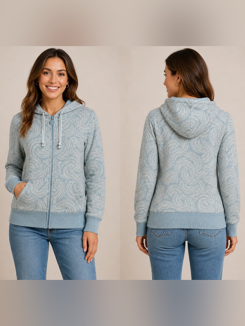 The North Face Womens Full Zip Hoodie Blue White Abstract Swirl Size M‎ Hiking